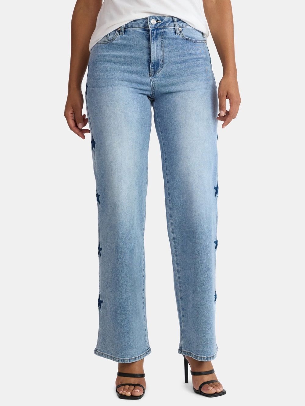 Madden NYC Light Wash Star-Accent Embroidered Straight Leg Jeans - Women